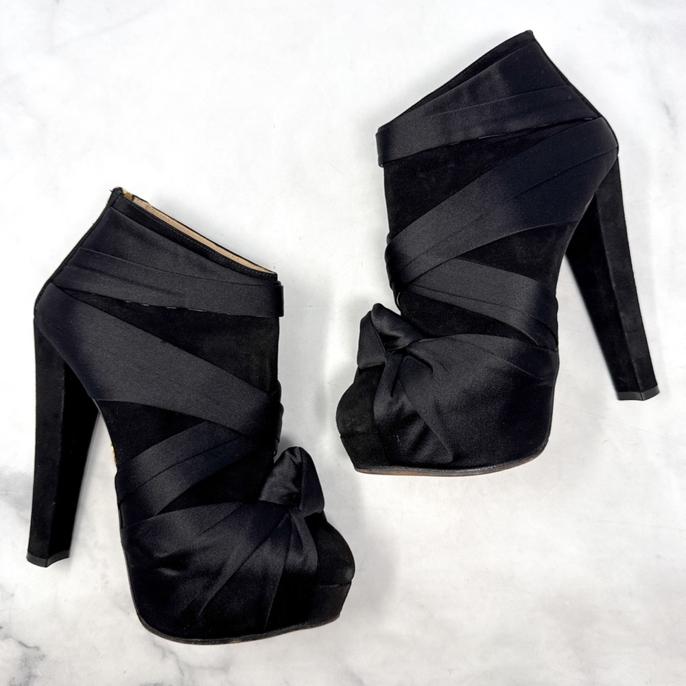 Charlotte Olympia Satin Wrap Turban Knot Suede Platform Block Heel Ankle Boot 37